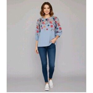 Kindred Light Blue Chambray Floral Boho Embroidered Top 3/4 Sleeve M